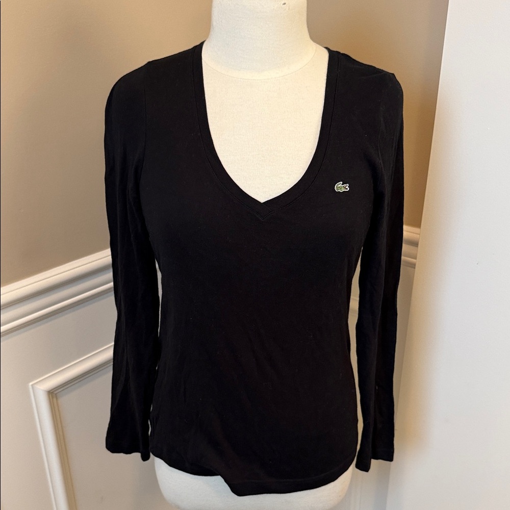 Vintage Lacoste Black Long Sleeve V-Neck Tee Crocodile Size 42 100% Cotton Y2K